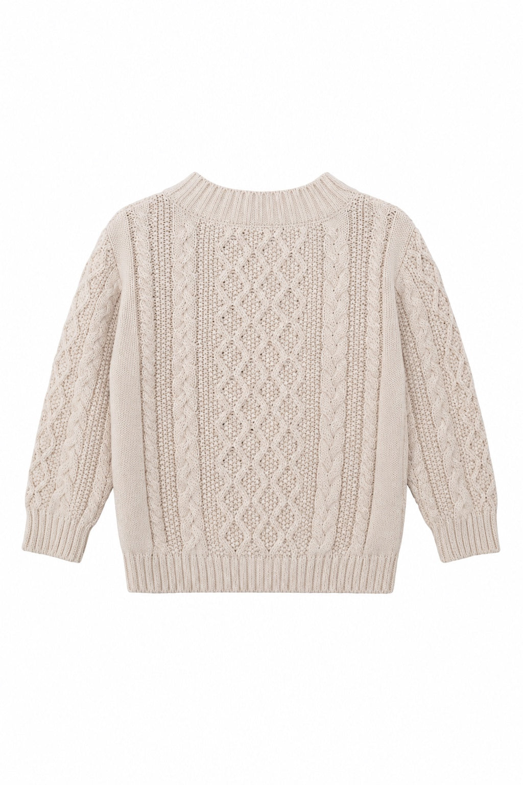 Carriage Boutique beige fisherman knit pullover sweater for baby boys with cable knit texture and ribbed trim.