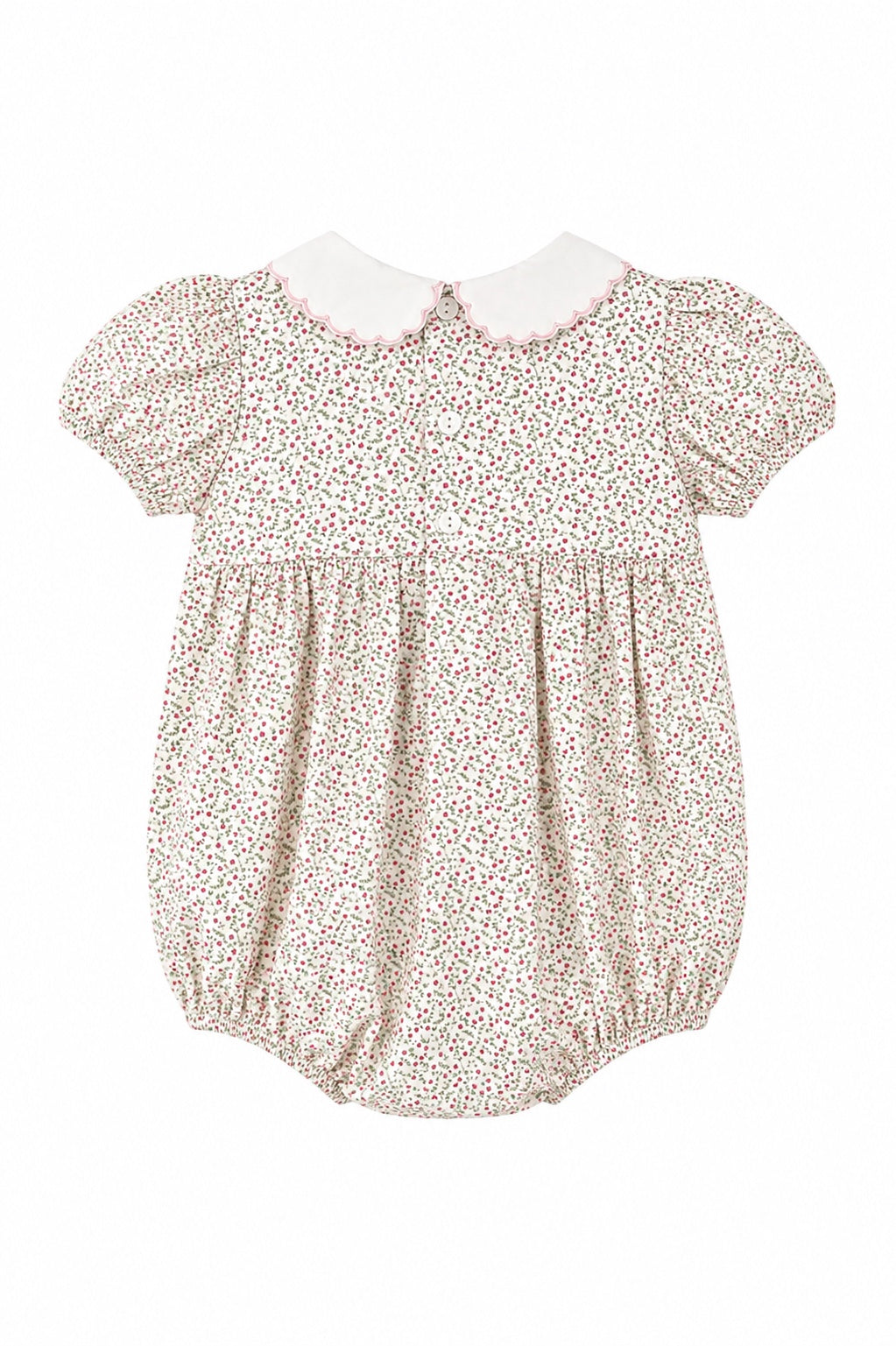 Carriage Boutique baby girl bubble romper in tan floral cotton with puff sleeves, white collar, and pink trim.