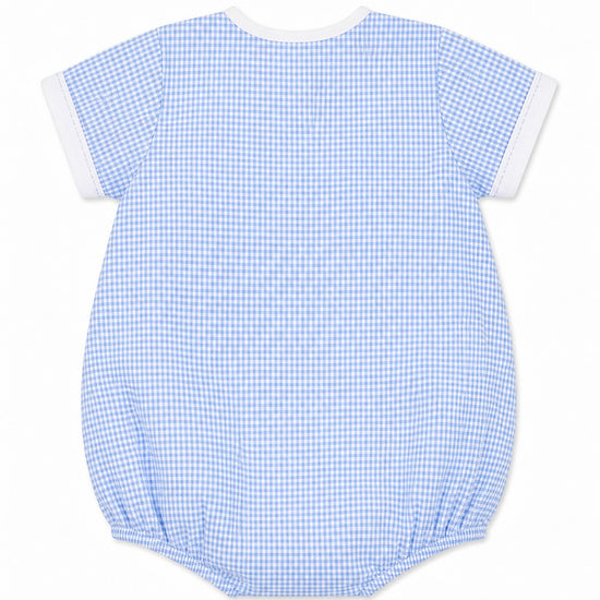 Carriage Boutique blue and white gingham bubble romper with short sleeves and white trim. Features a chest pocket.