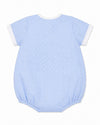 Carriage Boutique blue and white gingham bubble romper with short sleeves and white trim. Features a chest pocket.
