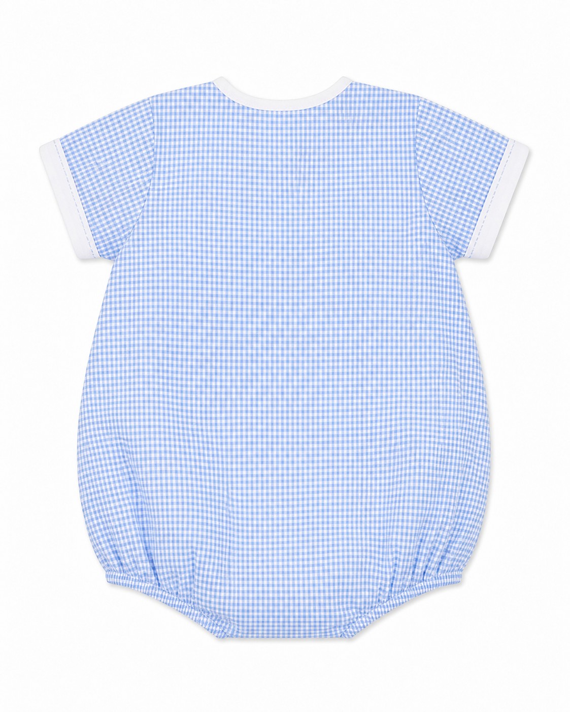 Carriage Boutique blue and white gingham bubble romper with short sleeves and white trim. Features a chest pocket.