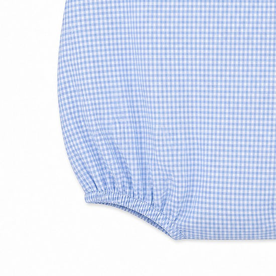 Carriage Boutique blue and white gingham bubble romper with pocket detail. Short sleeves and elastic leg openings.