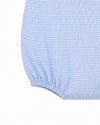 Carriage Boutique blue and white gingham bubble romper with pocket detail. Short sleeves and elastic leg openings.