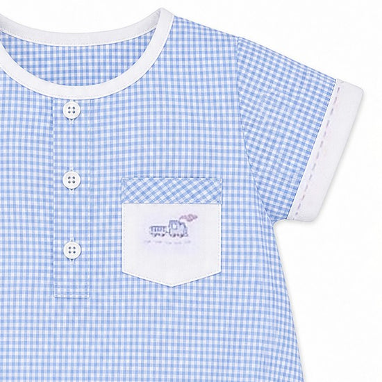 Carriage Boutique blue and white gingham bubble romper with white trim and embroidered train pocket detail.