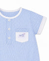 Carriage Boutique blue and white gingham bubble romper with white trim and embroidered train pocket detail.