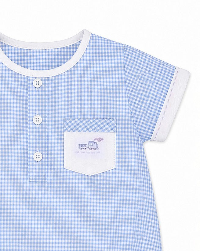 Carriage Boutique blue and white gingham bubble romper with white trim and embroidered train pocket detail.