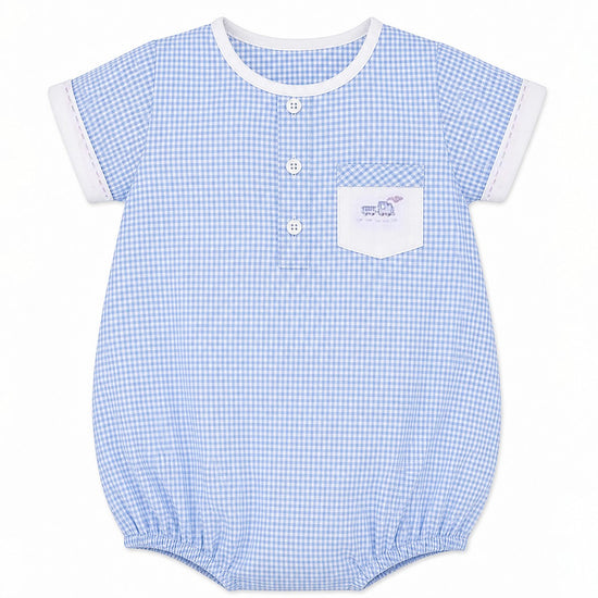 Carriage Boutique blue and white gingham bubble romper with embroidered train pocket and white trim.