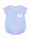Carriage Boutique blue and white gingham bubble romper with embroidered train pocket and white trim.