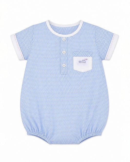 Carriage Boutique blue and white gingham bubble romper with embroidered train pocket and white trim.