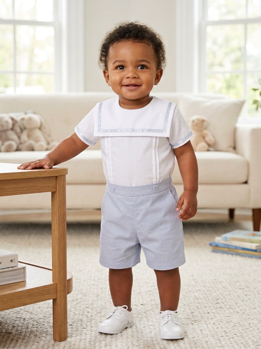 Carriage Boutique toddler boy wearing a white sailor-style shirt and light gray shorts in a bright living room.