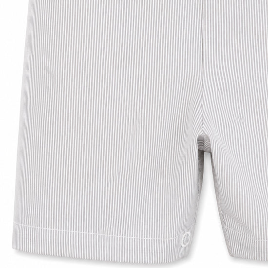 Carriage Boutique gray and white pinstripe cotton bobby suit shorts with hem detail