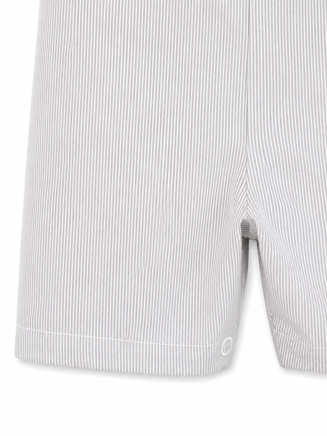 Carriage Boutique gray and white pinstripe cotton bobby suit shorts with hem detail