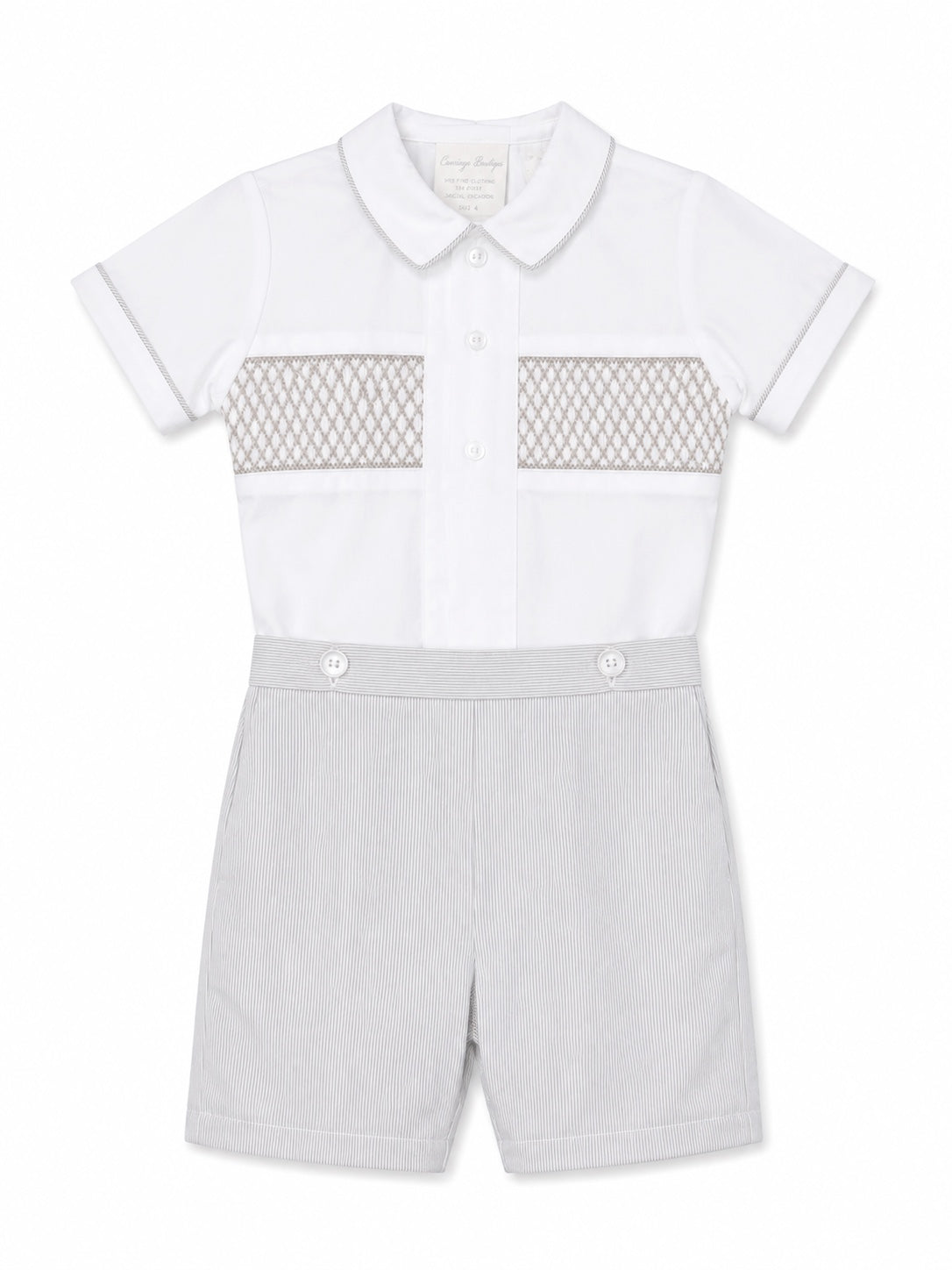 Carriage Boutique gray smocked bobby suit in cotton with a Peter Pan collar and delicate chest embroidery.