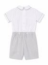 Carriage Boutique gray smocked bobby suit with white Peter Pan collar and button back in soft cotton