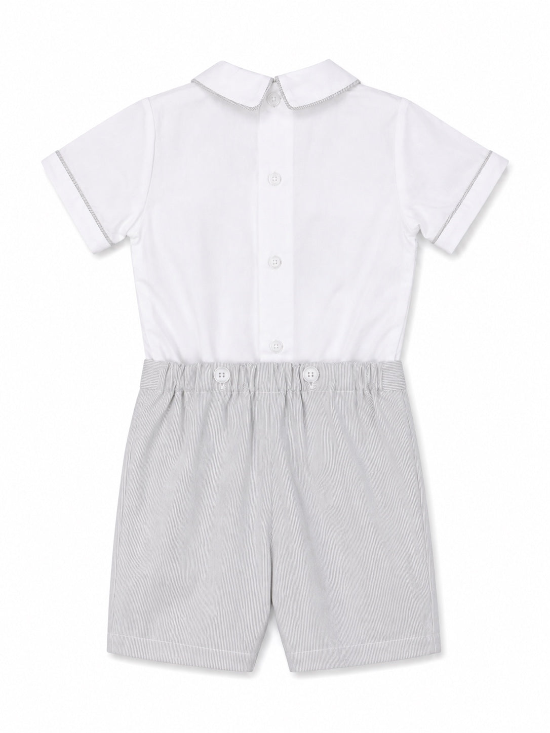 Carriage Boutique gray smocked bobby suit with white Peter Pan collar and button back in soft cotton