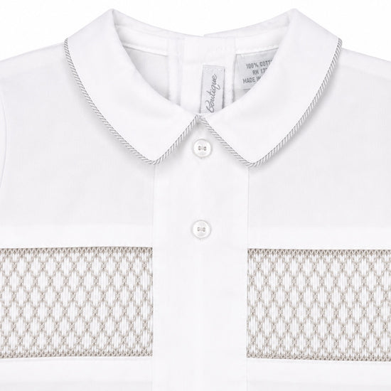 Carriage Boutique gray smocked cotton bobbie suit featuring a Peter Pan collar with delicate embroidery detail.