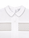 Carriage Boutique gray smocked cotton bobbie suit featuring a Peter Pan collar with delicate embroidery detail.