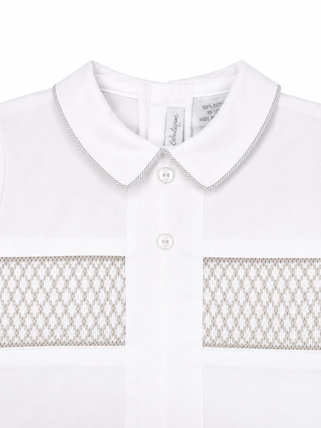 Carriage Boutique gray smocked cotton bobbie suit featuring a Peter Pan collar with delicate embroidery detail.