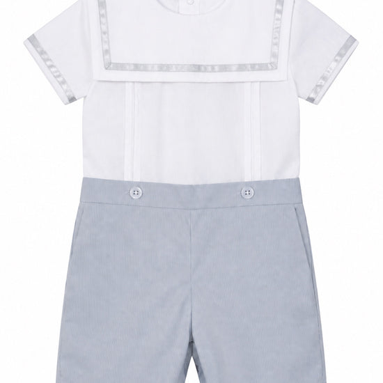 Carriage Boutique personalized gray and white bobby suit with sailor collar and button details for toddlers