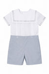 Carriage Boutique personalized gray and white bobby suit with sailor collar and button details for toddlers