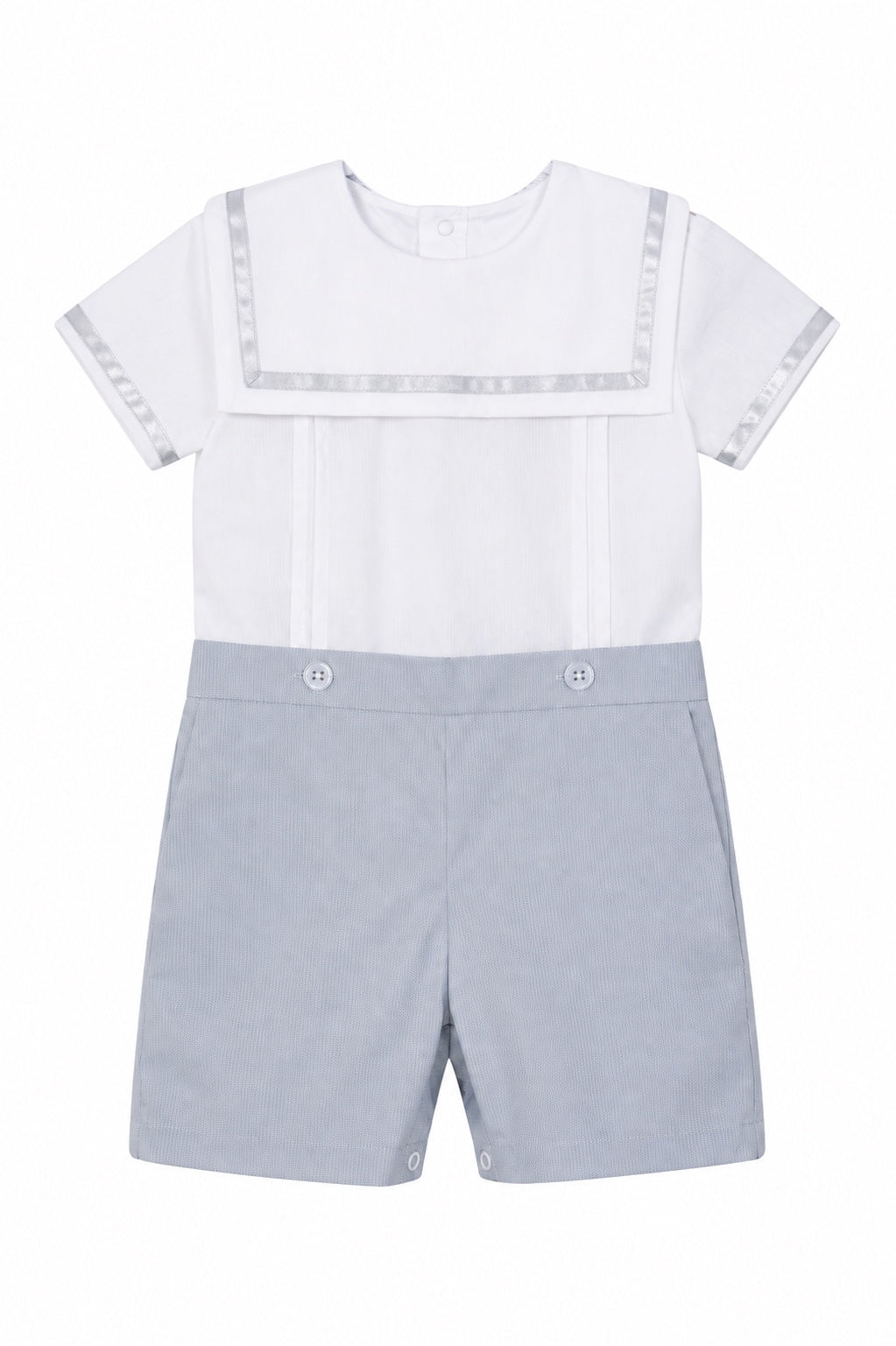 Carriage Boutique personalized gray and white bobby suit with sailor collar and button details for toddlers