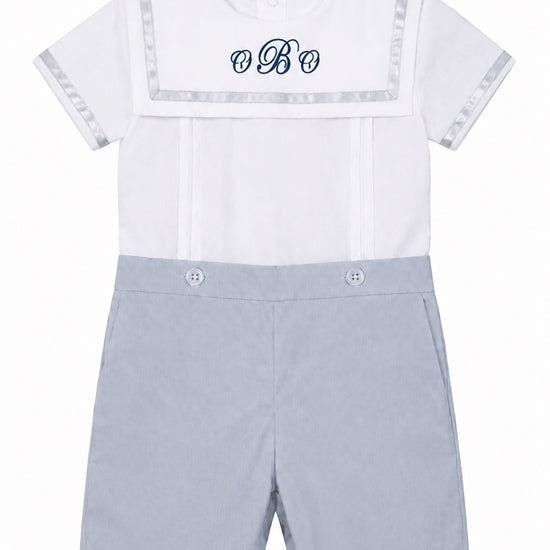 Carriage Boutique personalized gray and white bobby suit with monogrammed chest and classic sailor collar design.
