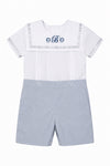 Carriage Boutique personalized gray and white bobby suit with monogrammed chest and classic sailor collar design.