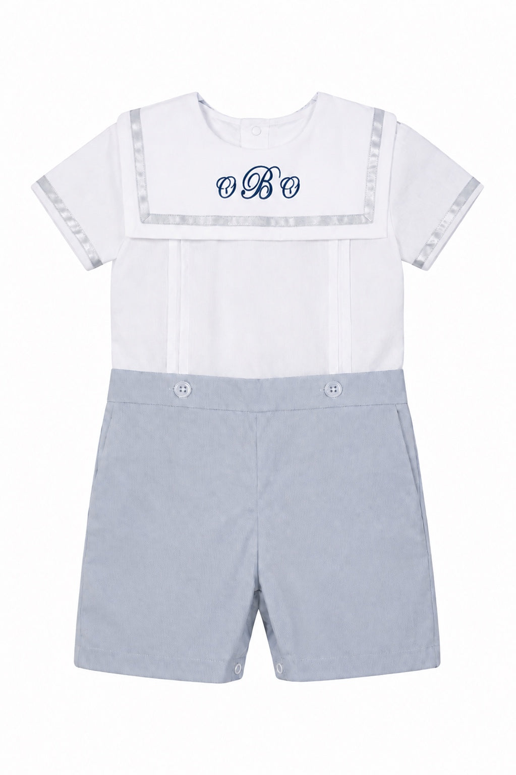 Carriage Boutique personalized gray and white bobby suit with monogrammed chest and classic sailor collar design.