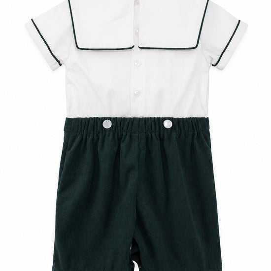 Carriage Boutique infant boy bobbie suit with white short-sleeve shirt and dark green corduroy shorts