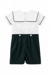 Carriage Boutique infant boy bobbie suit with white short-sleeve shirt and dark green corduroy shorts