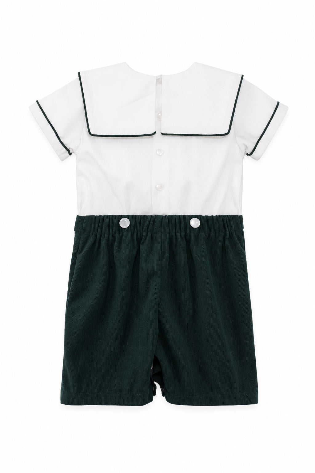 Carriage Boutique infant boy bobbie suit with white short-sleeve shirt and dark green corduroy shorts