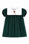 Carriage Boutique dark green corduroy holiday dress for girls with a white bib and candy cane embroidery.