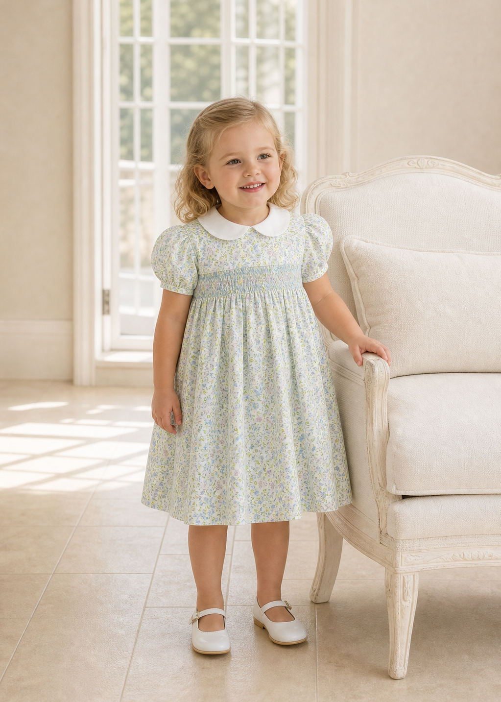 Carriage Boutique toddler girl dress in green floral print with a white Peter Pan collar and smocked bodice.