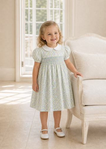 Carriage Boutique toddler girl dress in green floral print with a white Peter Pan collar and smocked bodice.