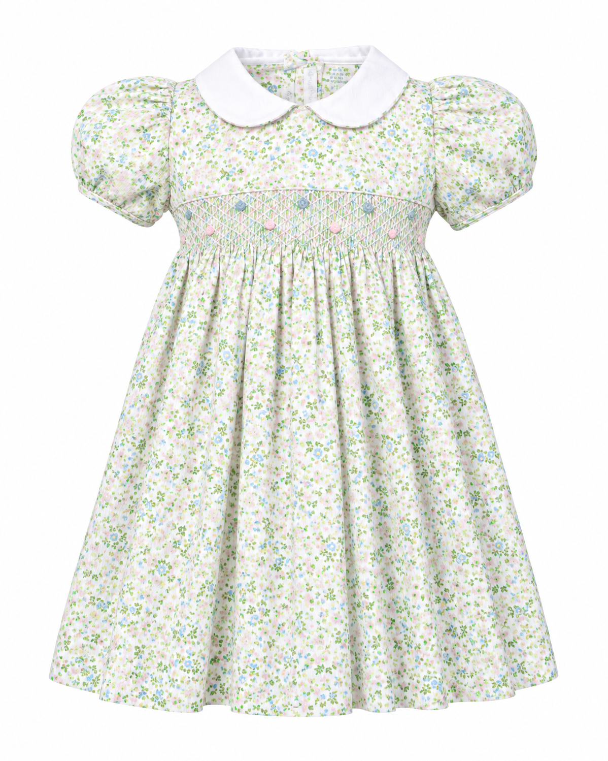 Carriage Boutique toddler girl dress in green floral print with short puff sleeves, white collar, and smocked bodice.