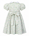 Carriage Boutique toddler girl dress with green floral print, puff sleeves, white collar, and back waist tie