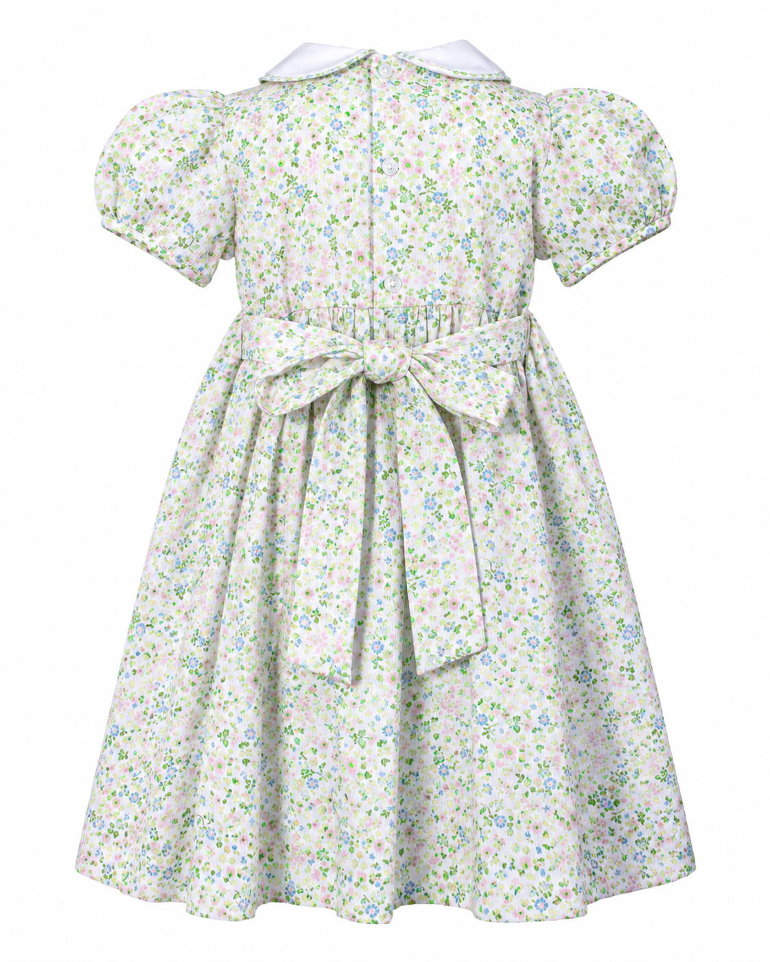 Carriage Boutique toddler girl dress with green floral print, puff sleeves, white collar, and back waist tie