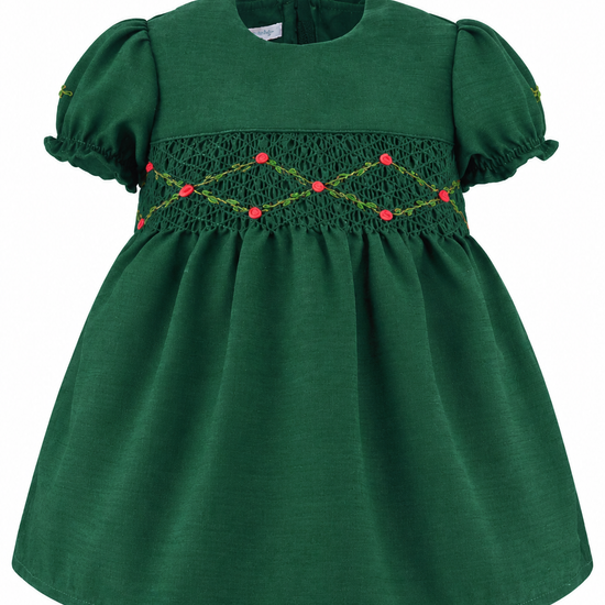 Carriage Boutique green silk baby dress with floral smocking, puffy sleeves, and a Peter Pan collar.