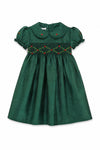 Carriage Boutique green silk toddler dress with smocked chest, Peter Pan collar, and floral embroidery details.
