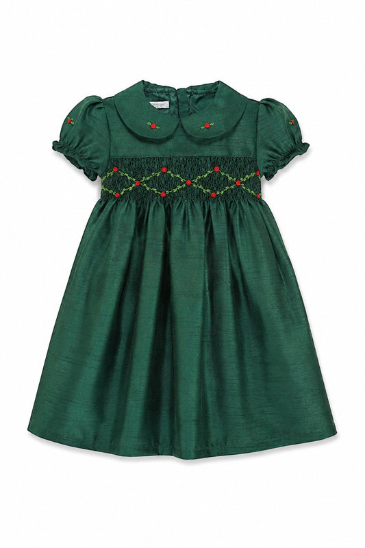 Carriage Boutique green silk toddler dress with smocked chest, Peter Pan collar, and floral embroidery details.
