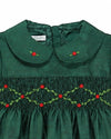 Carriage Boutique green silk toddler dress with floral smocking, Peter Pan collar, and red embroidered rose details.