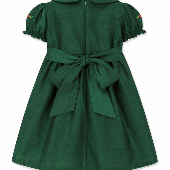 Carriage Boutique green silk toddler dress with Peter Pan collar, puffy sleeves, and a large back bow tie.