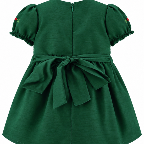 Carriage Boutique green silk toddler dress featuring puffy sleeves, a back zipper, and a decorative waist tie.