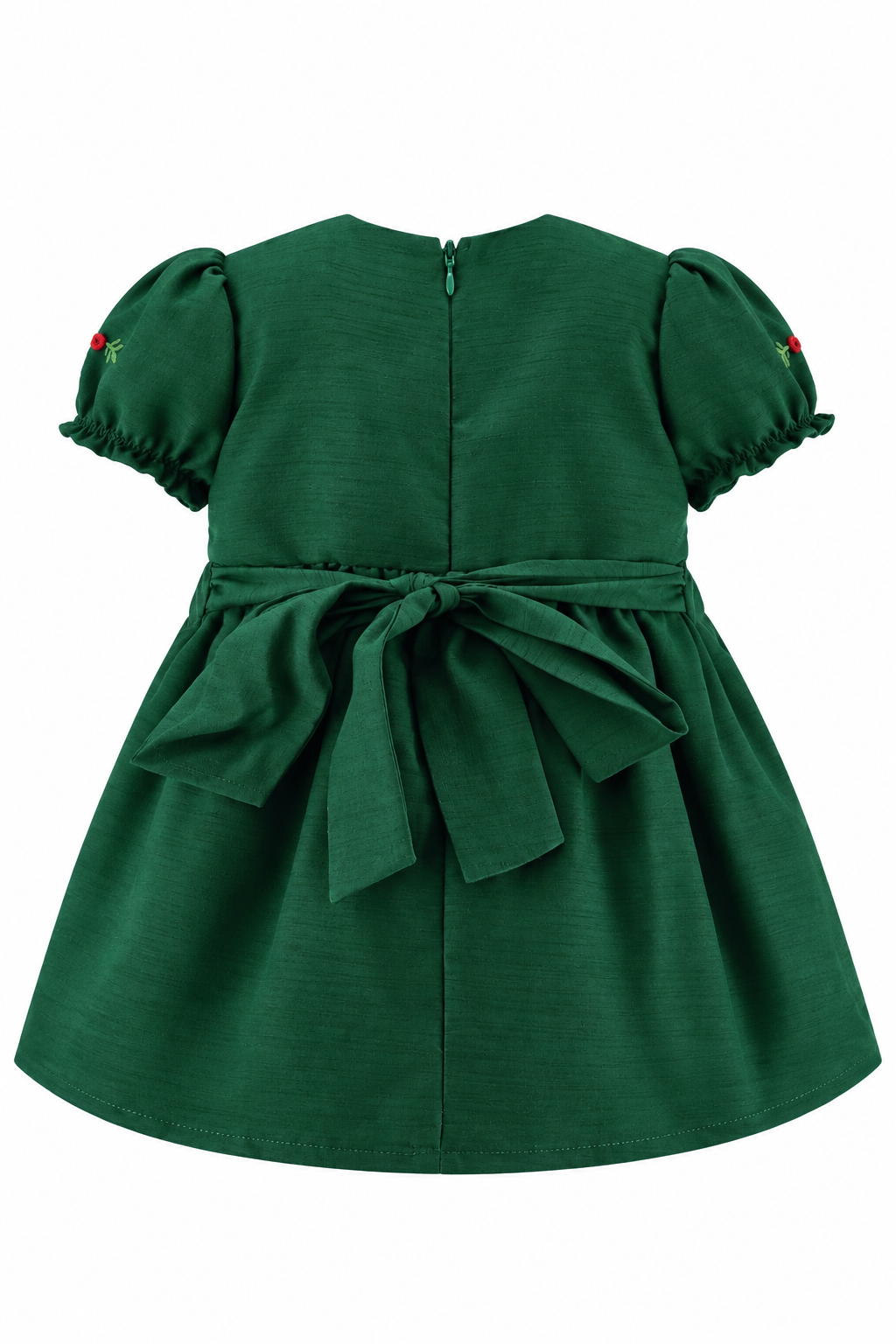 Carriage Boutique green silk toddler dress featuring puffy sleeves, a back zipper, and a decorative waist tie.