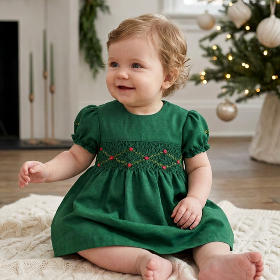Carriage Boutique green silk baby dress with smocked chest detail and puffy sleeves worn by a toddler on a rug