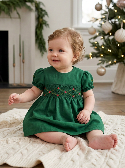 Carriage Boutique green silk baby dress with smocked chest detail and puffy sleeves worn by a toddler on a rug