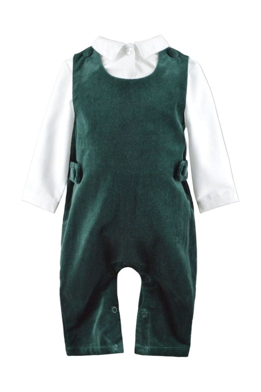 Carriage Boutique baby boy green velvet long romper with a white long-sleeve collared shirt underneath.