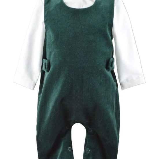 Carriage Boutique green velvet baby boy long romper with a white long-sleeve shirt underneath.