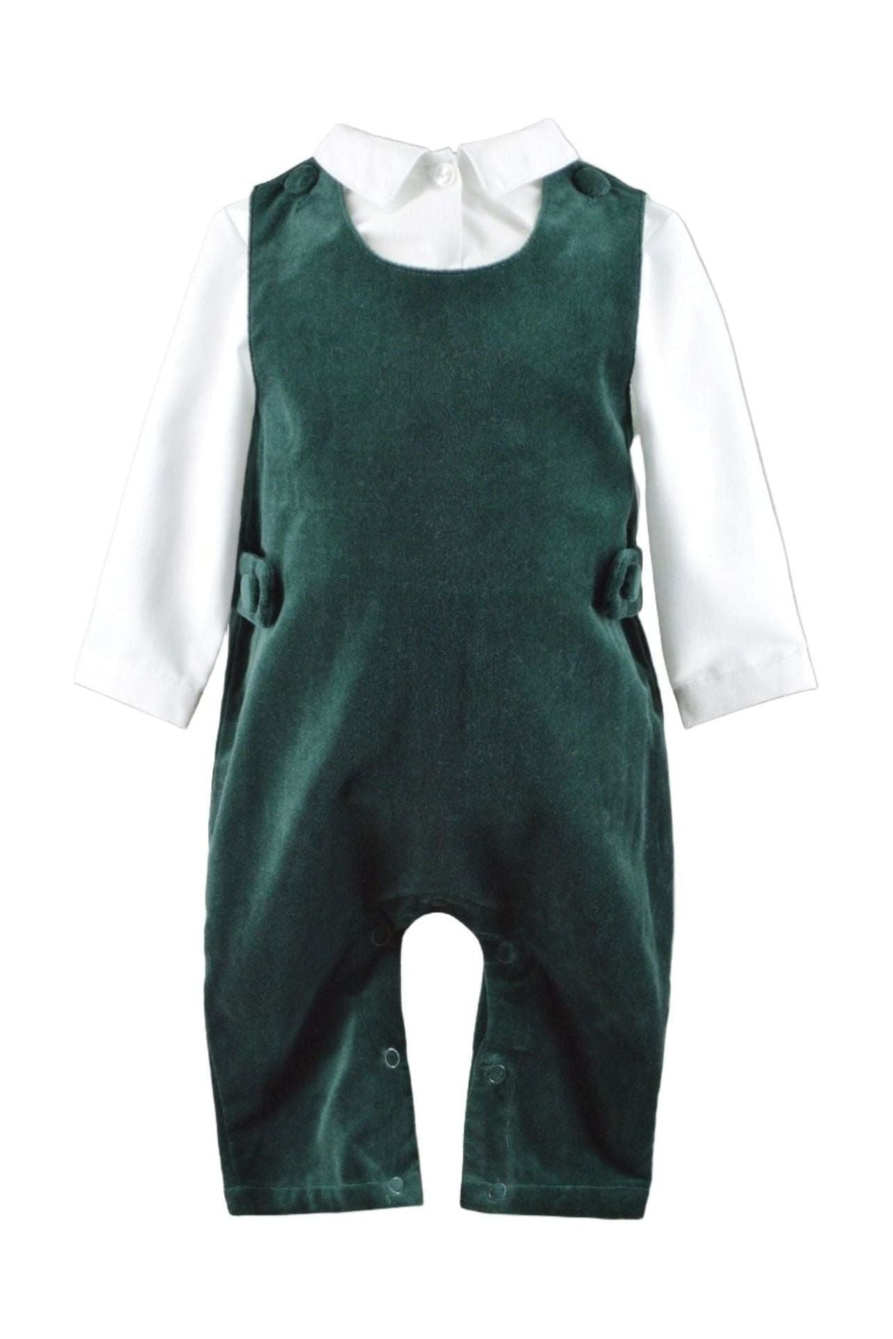 Carriage Boutique green velvet baby boy long romper with a white long-sleeve shirt underneath.