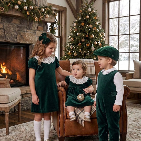 Carriage Boutique green velvet holiday outfits for children featuring a dress, romper, and matching accessories.